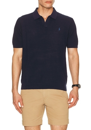 Polo Ralph Lauren Short Sleeve Textured Johnny Collar Polo Sweater in Bright Navy & Deckwash White - Navy. Size L (also in M, S, XL/1X, XXL/2X).