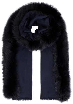 Ama Pure Black Fur-trimmed Wool Scarf - Navy