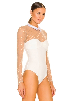 fleur du mal Collared Bodysuit With Dotted Tulle in Ivory. Size M. Also in XS, S, L, XL.