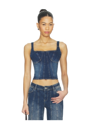 OW Collection Devin Denim Top in Denim-Dark. Size L. Also in M, S, XS.