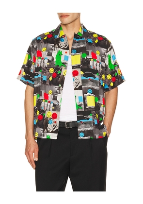Market Smiley Collage Woven Shirt in Black. Size L. Also in M, S, XL/1X.