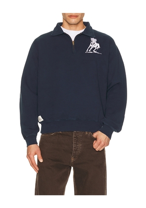 ONE OF THESE DAYS Running Horse Quarter Zip in Blue. Size L. Also in M, S, XL/1X, XXL/2X.
