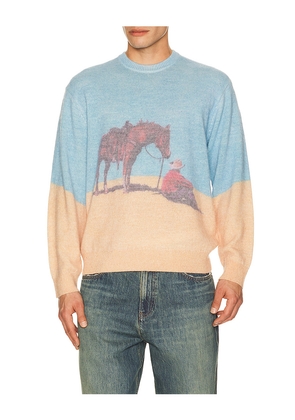 ONE OF THESE DAYS So Far Away Printed Sweater in Blue,Brown. Size L. Also in M, S, XL/1X, XXL/2X.