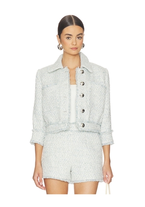 L'AGENCE Jia Crop 3/4 Sleeve Fringe Jacket in Blue,Ivory. Size 0. Also in 00, 2, 4, 6, 8.