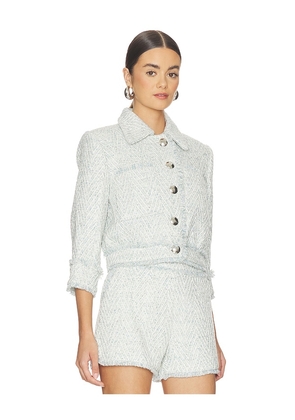 L'AGENCE Jia Crop 3/4 Sleeve Fringe Jacket in Blue,Ivory. Size 0. Also in 4, 8.