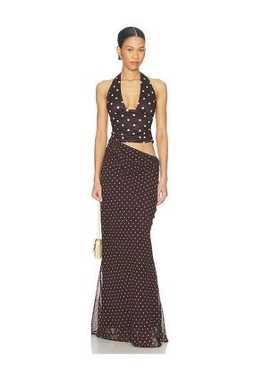 Runaway The Label Valeria Halter Cutout Maxi Dress in Chocolate. Size L. Also in M, S, XL, XS.