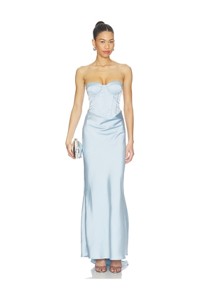 ROTATE Satin Corset Maxi Dress in Baby Blue. Size 32. Also in 34, 36, 40.