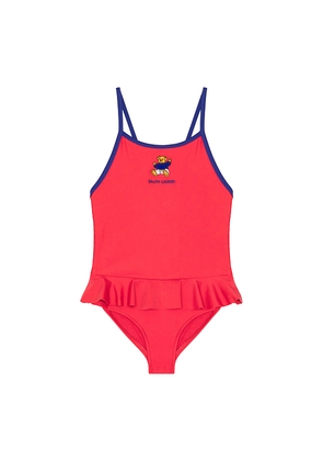 Polo Ralph Lauren One Piece Novelty Bear Graphic Swimsuit With Ruffle Hem in Red. Size 2. Also in 3, 4.