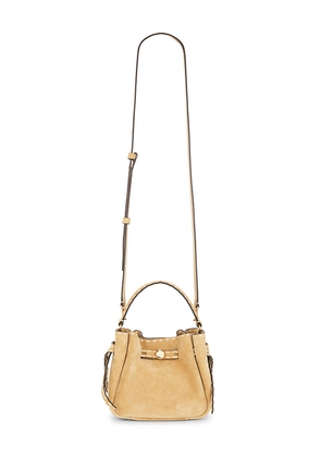 Tory Burch Romy Suede Pick Stitch Mini Bucket Bag in Tan.