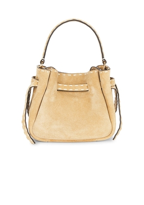 Tory Burch Romy Suede Pick Stitch Mini Bucket Bag in Tan.