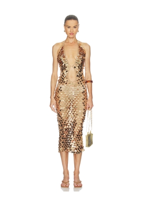 superdown Declan Crochet Midi Dress in Metallic Gold. Size L. Also in M, S, XS.