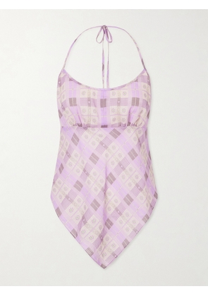Anna Sui - Apron Checked Printed Cotton-voile Halterneck Top - Purple - S,M,P,L