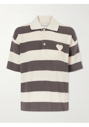 AMI PARIS - Embroidered Striped Knitted Cotton Polo Shirt - Neutrals - x small,small,medium,large,x large
