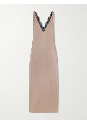 Stella McCartney - Lace-trimmed Satin Midi Dress - Brown - IT34,IT36,IT38,IT40,IT42,IT44,IT46,IT48,IT50