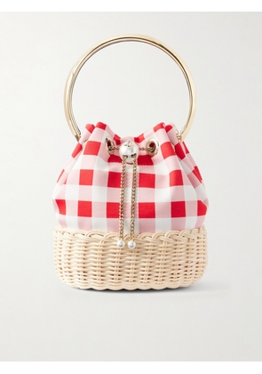 Jimmy Choo - Bon Bon Faux-pearl Embellished Woven Raffia Checked Woven Bucket Bag - Red - One size