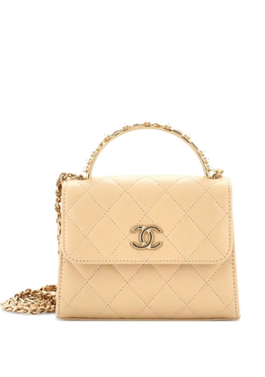CHANEL Pre-Owned Logo and Pearl Top Handle Clutch with Chain Quilted Lambskin Small satchel - Neutrals