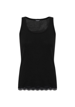 Emporio Armani logo-embroidered lace-trim top - Black