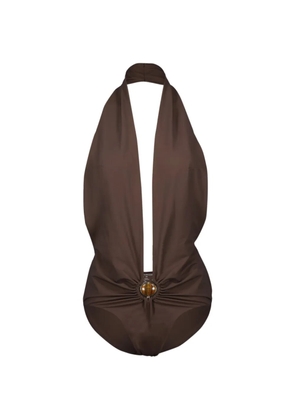 Christopher Esber stone-embellishment V-neck swimsuit - Brown