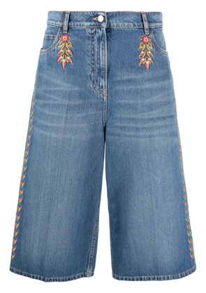 ETRO floral-embroidered wide-leg denim culottes - Blue
