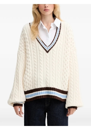 Gestuz cable-knit striped V-neck sweater - Neutrals
