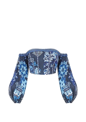 Camilla A Tiled Wonderland long sleeved corset crop top - Blue