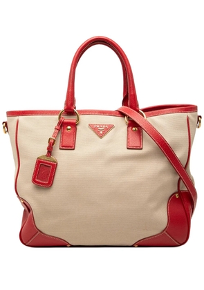 Prada Pre-Owned 2021-2025 Large Saffiano Trimmed Canapa Convertible Tote satchel - Red