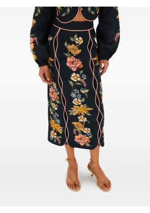 FARM Rio floral-embroidered midi skirt - Blue