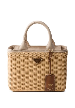 Prada medium wicker and canvas tote bag - Neutrals