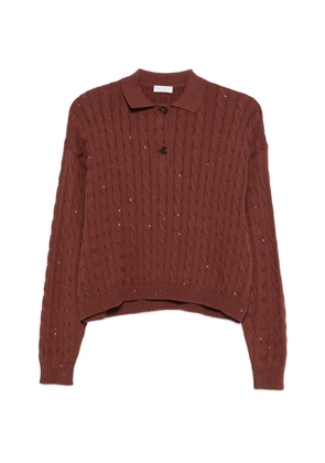 Brunello Cucinelli cable-knit embellished polo shirt - Brown