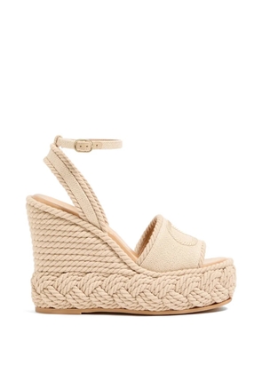 Valentino Garavani Vlogo Torchon Wedge sandal in linen canvas 130mm - Neutrals