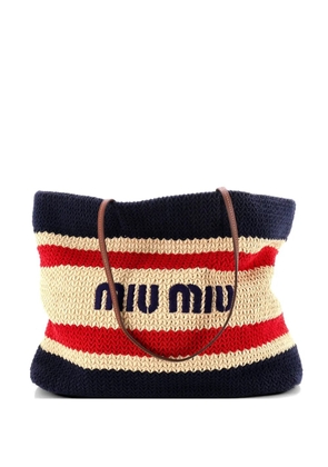 Miu Miu Pre-Owned Logo Striped Raffia Crochet with Leather Large tote bag - Multicolour