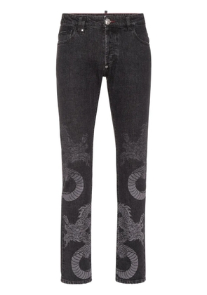 Philipp Plein dragon-print washed straight-leg jeans - Grey