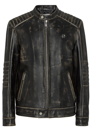 Philipp Plein distressed leather moto jacket - Black