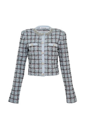 Self-Portrait check-pattern knit cotton cardigan - Blue