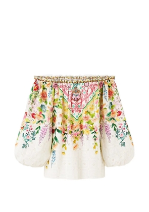 Camilla frill floral-print off-shoulder cotton top - White