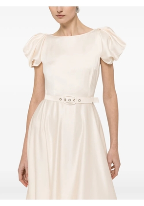 NISSA belted puff-sleeve midi dress - Neutrals