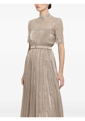 NISSA lace panel pleated midi dress - Neutrals