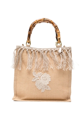 la milanesa Flem bamboo-handle fringed tote bag - Neutrals