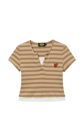 Mini Cream striped button-detail T-shirt - Brown