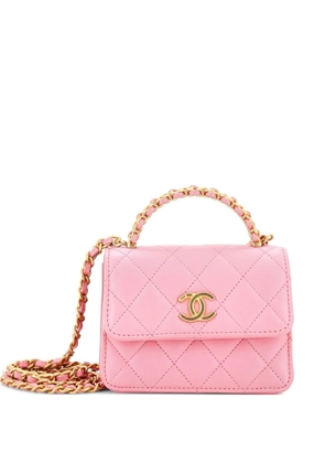 CHANEL Pre-Owned Woven Top Handle CC Flap Clutch on Chain Quilted Lambskin Small satchel - Pink