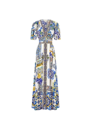 Camilla shaped-waistband flutter-sleeve dress - White