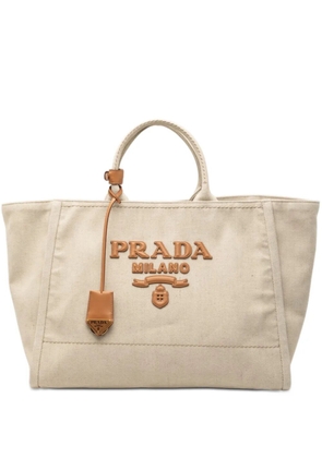 Prada Pre-Owned 2000-2026 Large Linen and Vitello Logo tote bag - Neutrals