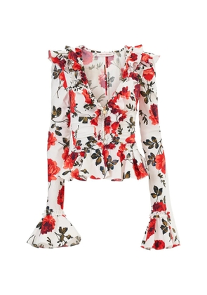 Carolina Herrera rose-print ruched ruffle top - White