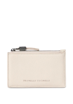Brunello Cucinelli grained leather card case with shiny zipper pull - Neutrals