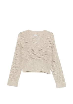 Brunello Cucinelli V-neck openwork sweater - Neutrals