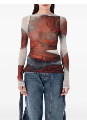 Jean Paul Gaultier rose-print mesh top - Red