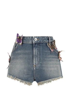 Blumarine butterfly frayed denim shorts - Blue