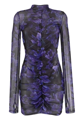 Philipp Plein floral-print long-sleeve ruched minidress - Black