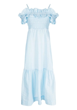 GANNI ruffled-detail midi dress - Blue