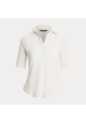 Rib-Knit Elbow-Sleeve Polo Tee